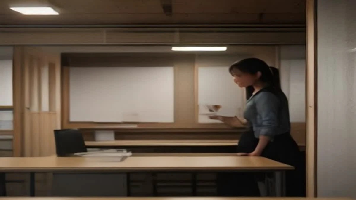Illustration: medium shot of a small office meeting with two people reviewing printed charts on a desk
