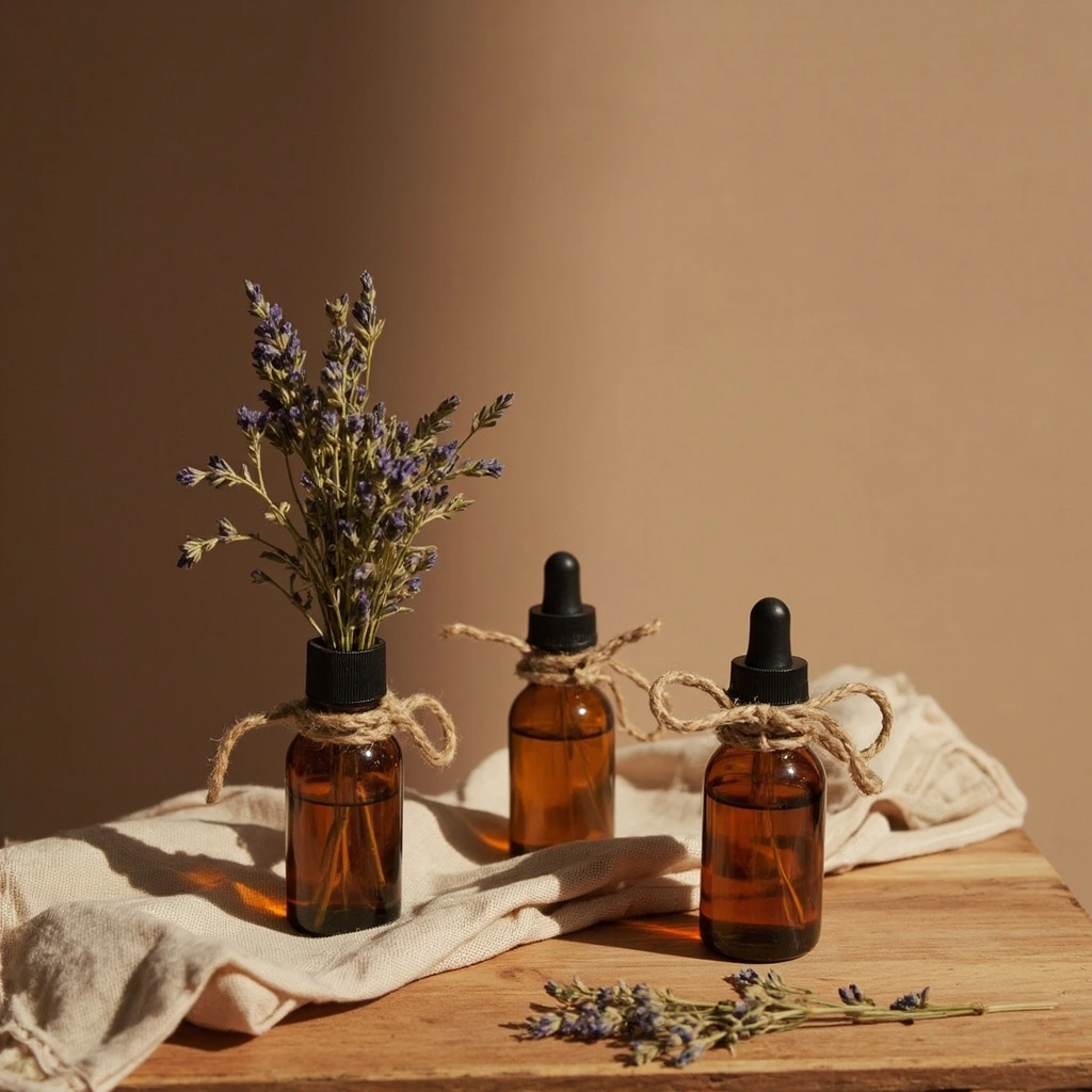 Three apothecary bottles wrapped in muslin cloth with dried lavender sprigs.