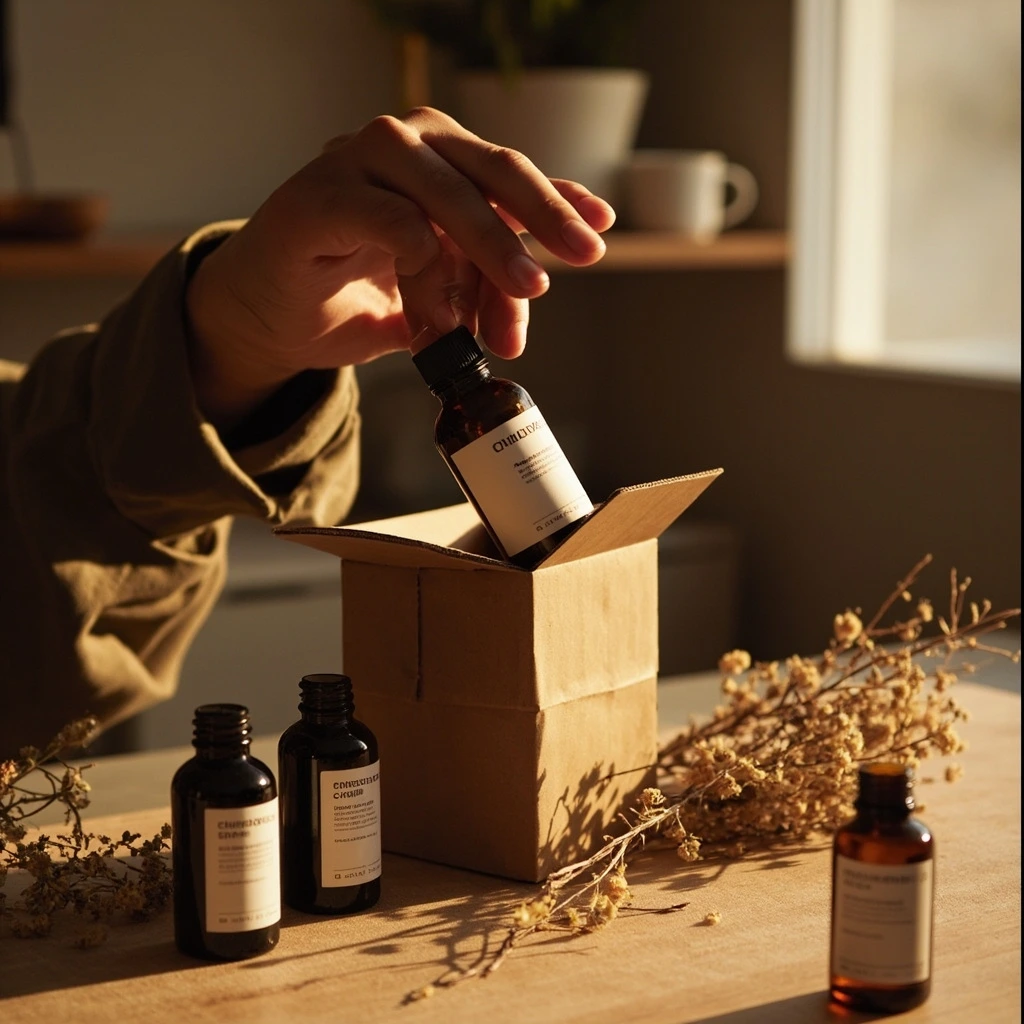 A hand returning an empty apothecary bottle in a compostable mailer.