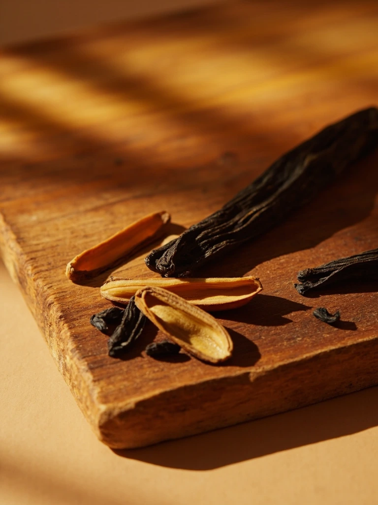 Wild vanilla pods split on a wooden board